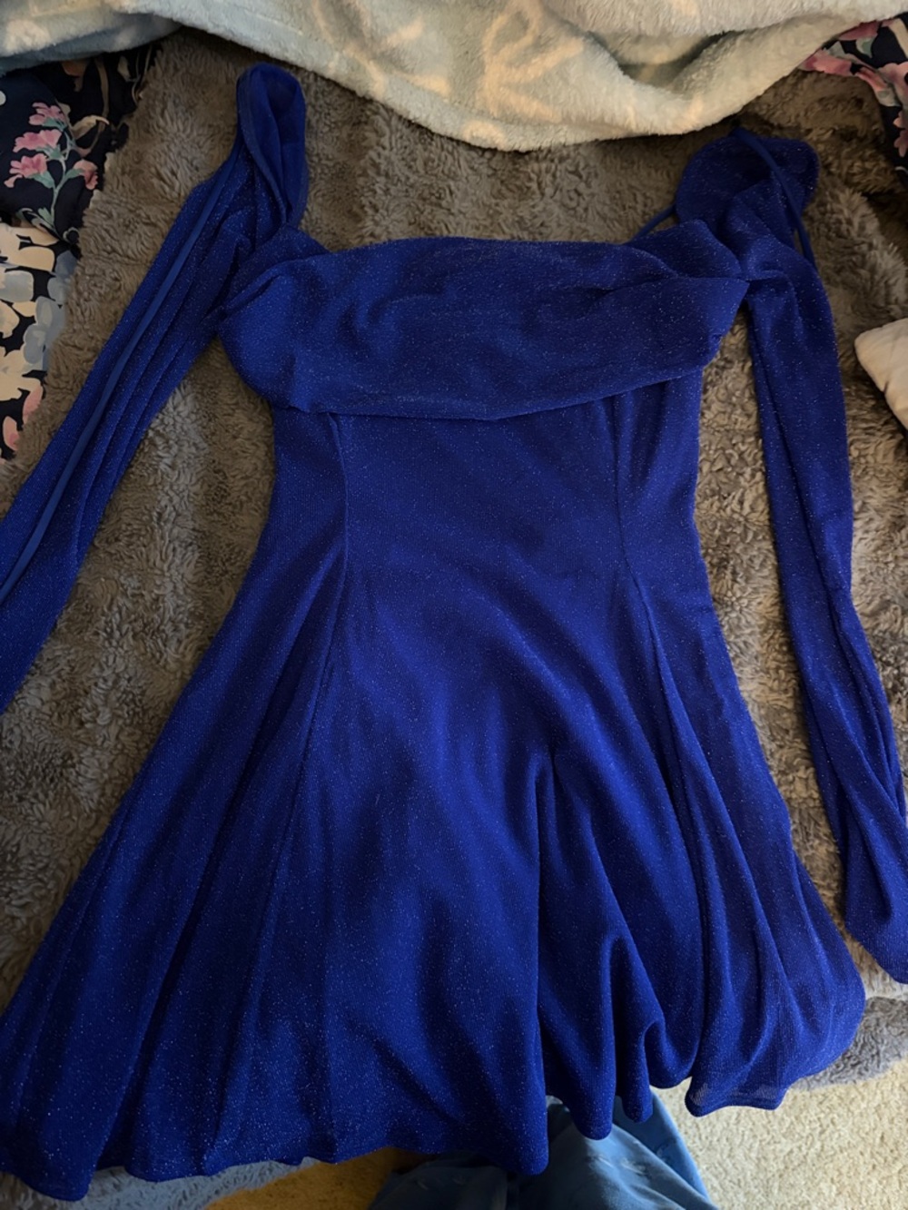 Lucy in the Sky Sparkle Royal Blue Off-Shoulder Long Sleeve Dress